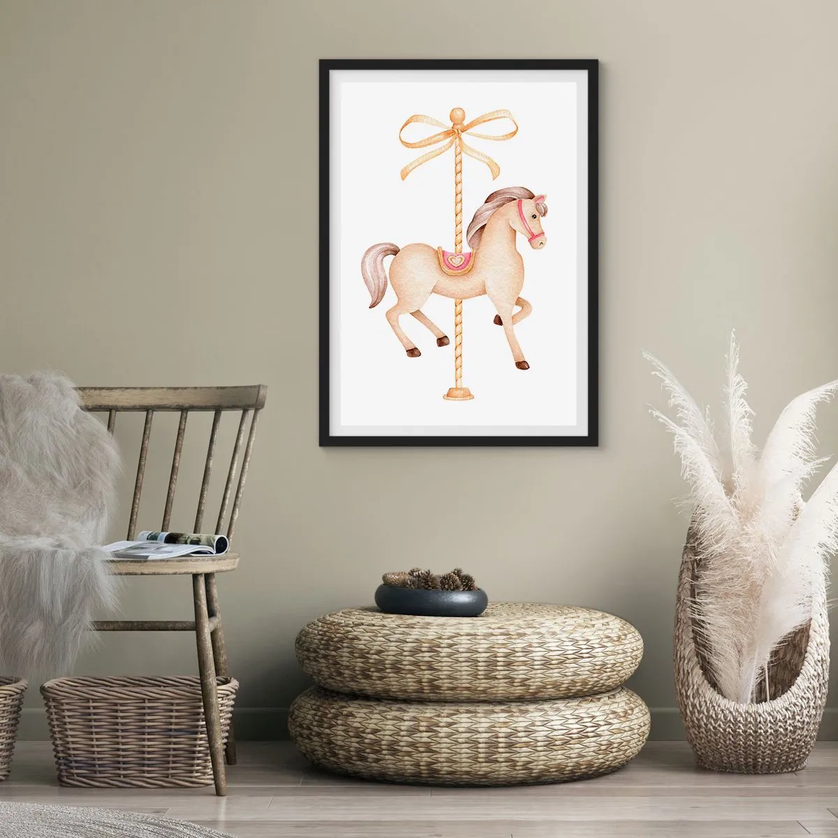 Poster in een zwarte lijst - Een delicate illustratie van een draaimolenpaard in pasteltinten - 50x70cm - Een sierlijke draf - Moderne wanddecoratie voor woonkamer en slaapkamer ARTTOR