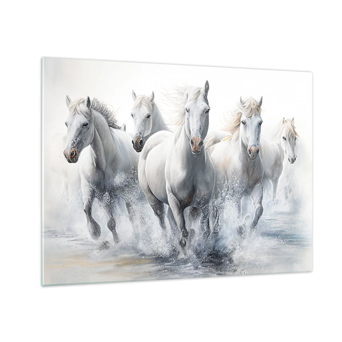 Schilderen op glas - Witte paarden galopperen door het water in een dynamische compositie - 70x50cm - Witte magie - Moderne wanddecoratie voor woonkamer en slaapkamer ARTTOR