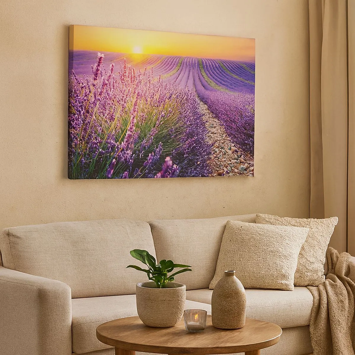 Schilderen op canvas - Lavendelveld bij zonsondergang - 70x50cm - Geurige korenvelden - Moderne wanddecoratie voor woonkamer en slaapkamer ARTTOR