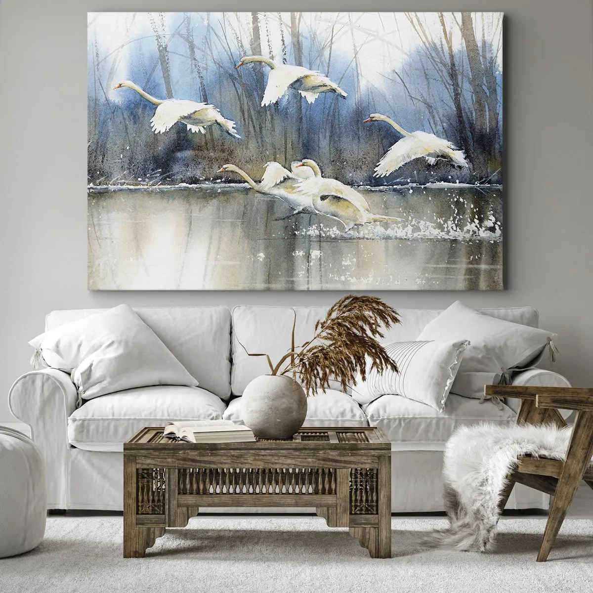 Schilderen op canvas - Zwanen in vlucht over een bevroren meer in een winterlandschap - 70x50cm - Zoals in het sprookje over wilde zwanen - Moderne wanddecoratie voor woonkamer en slaapkamer ARTTOR