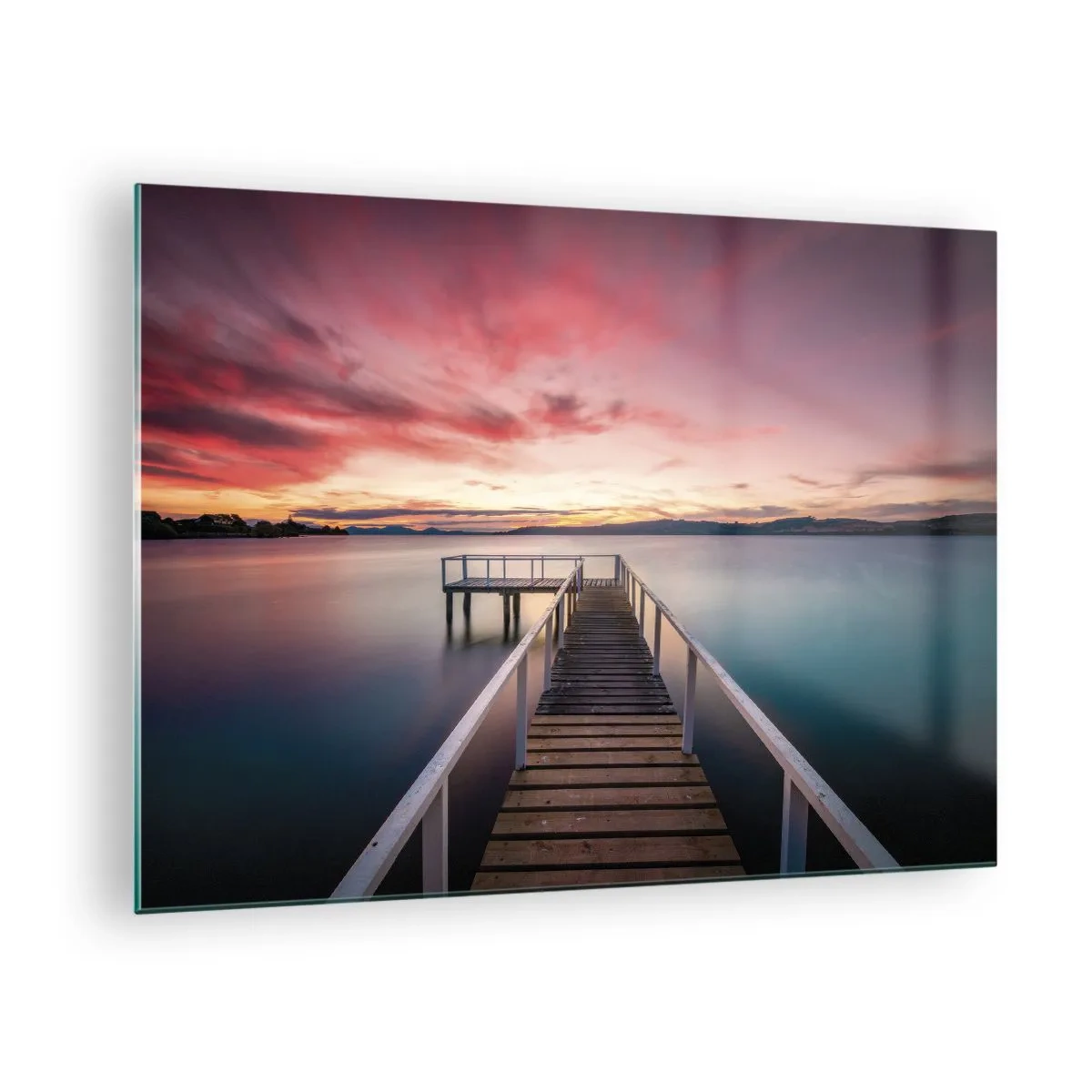 Schilderen op glas - Pier aan het meer bij zonsondergang met een roze lucht - 70x50cm - De zachte vlam van de avond - Moderne wanddecoratie voor woonkamer en slaapkamer ARTTOR