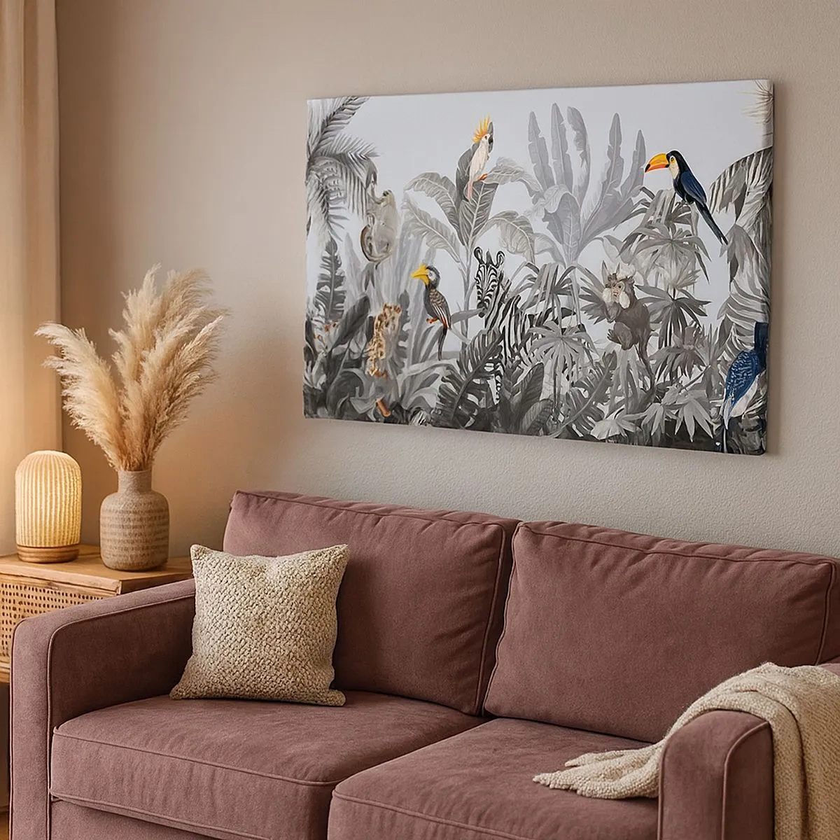 Schilderen op canvas - Tropische jungle met exotische dieren op een grijze achtergrond - 70x50cm - Afrikaans sprookje - Moderne wanddecoratie voor woonkamer en slaapkamer ARTTOR