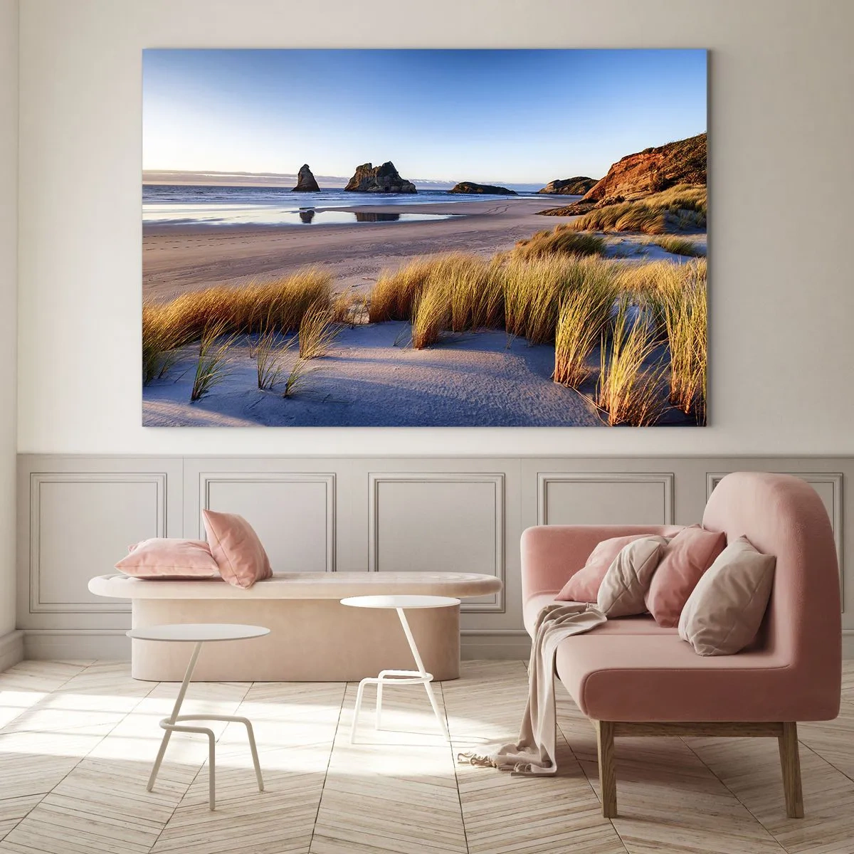 Schilderen op glas - Een strand bij zonsopgang met gras en rotsen op de achtergrond en een kalme zee - 70x50cm - Voor rustzoekers - Moderne wanddecoratie voor woonkamer en slaapkamer ARTTOR