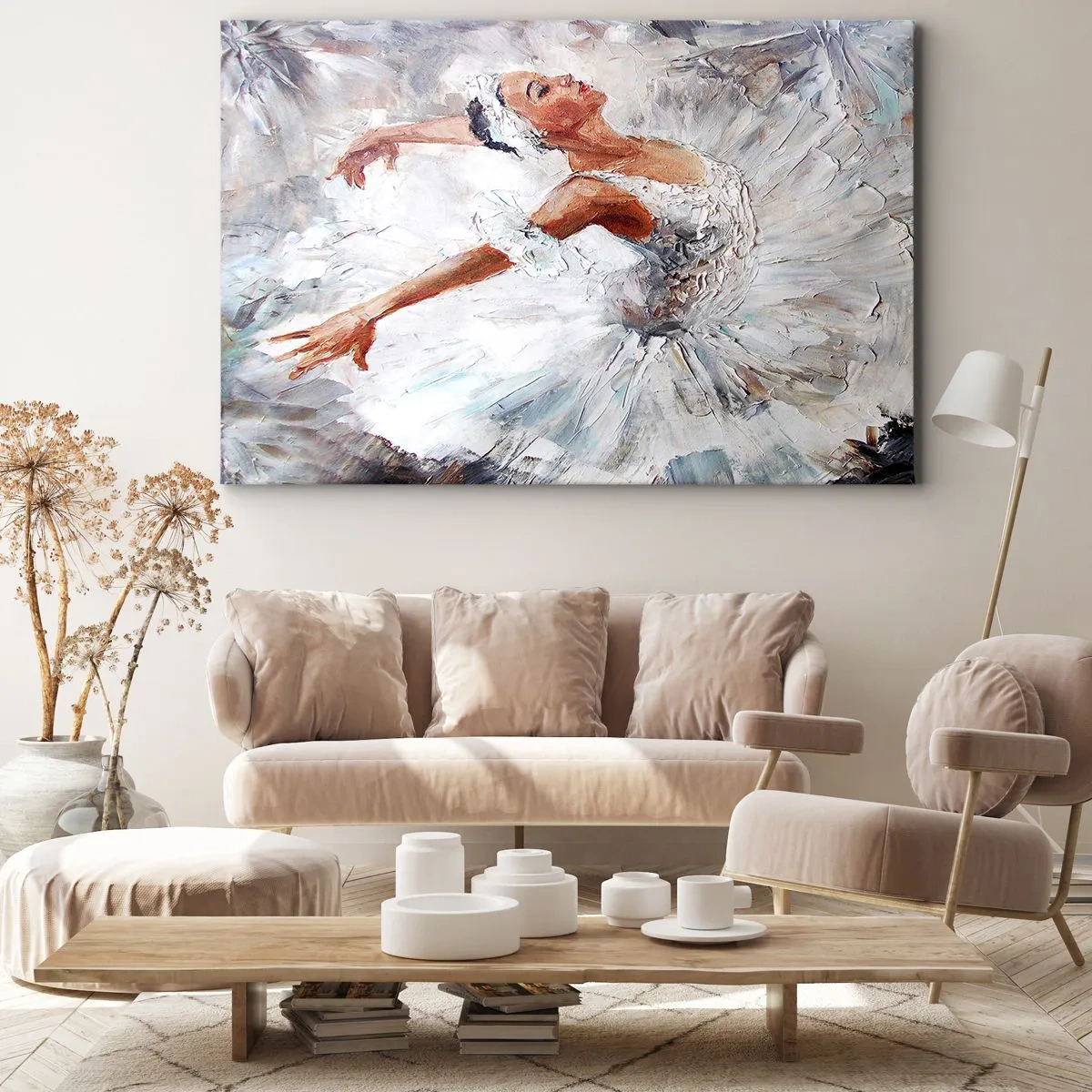 Schilderen op canvas - Een ballerina in een witte jurk danst - 70x50cm - Delicaat en licht als tule - Moderne wanddecoratie voor woonkamer en slaapkamer ARTTOR
