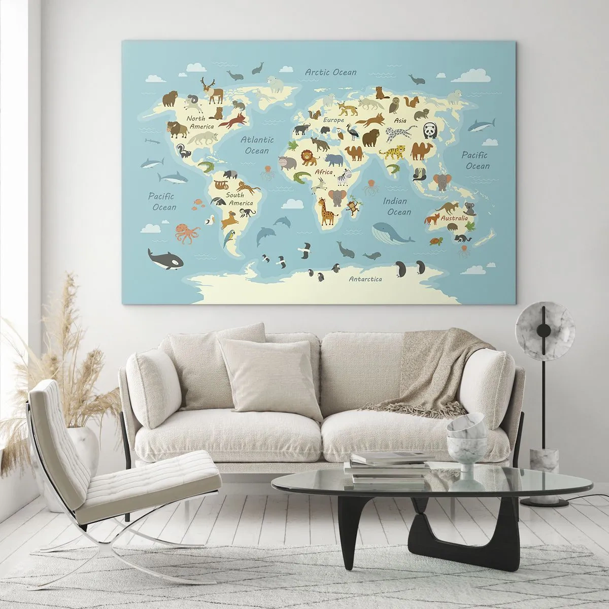 Schilderen op glas - Een kleurrijke wereldkaart met illustraties van dieren van verschillende continenten. - 70x50cm - Goede buren - Moderne wanddecoratie voor woonkamer en slaapkamer ARTTOR