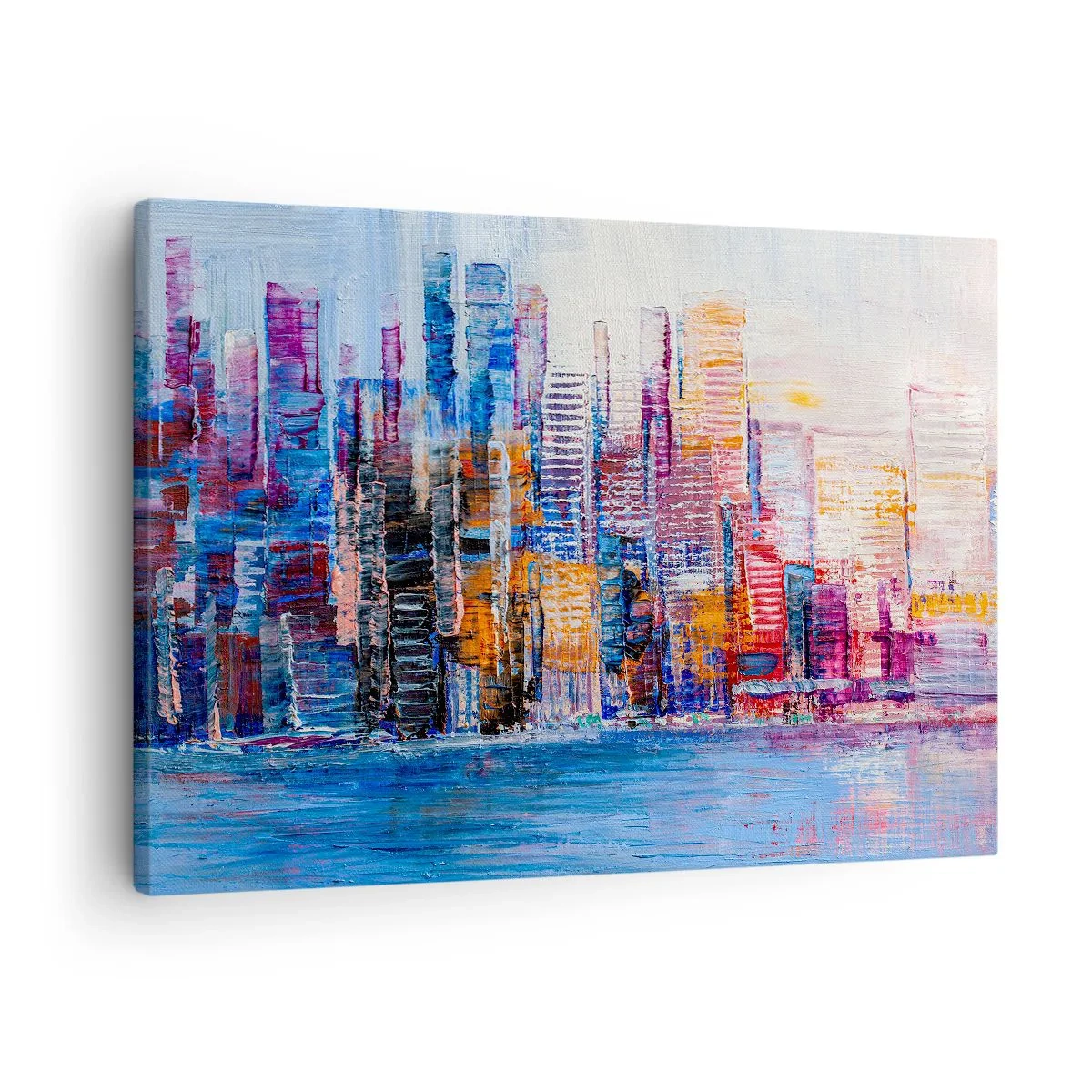 Schilderen op canvas - Een kleurrijk panorama van de stad met weerspiegelingen op het water - 70x50cm - Een vrolijke metropool - Moderne wanddecoratie voor woonkamer en slaapkamer ARTTOR