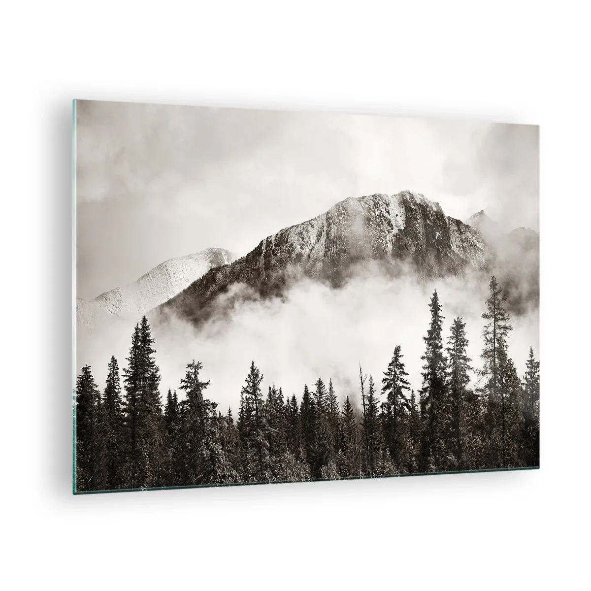 Schilderen op glas - Berglandschap met bos en mist in sepiatinten - 70x50cm - Granieten liniaal - Moderne wanddecoratie voor woonkamer en slaapkamer ARTTOR
