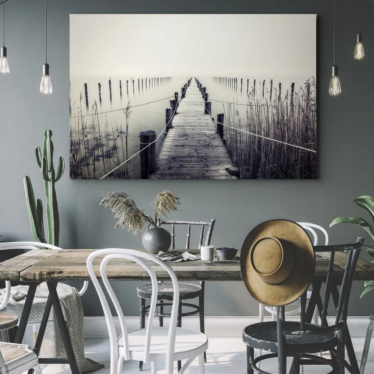 Schilderen op canvas - Een houten brug die naar een mistige ruimte leidt - 70x50cm - Dompel jezelf onder in vrede - Moderne wanddecoratie voor woonkamer en slaapkamer ARTTOR