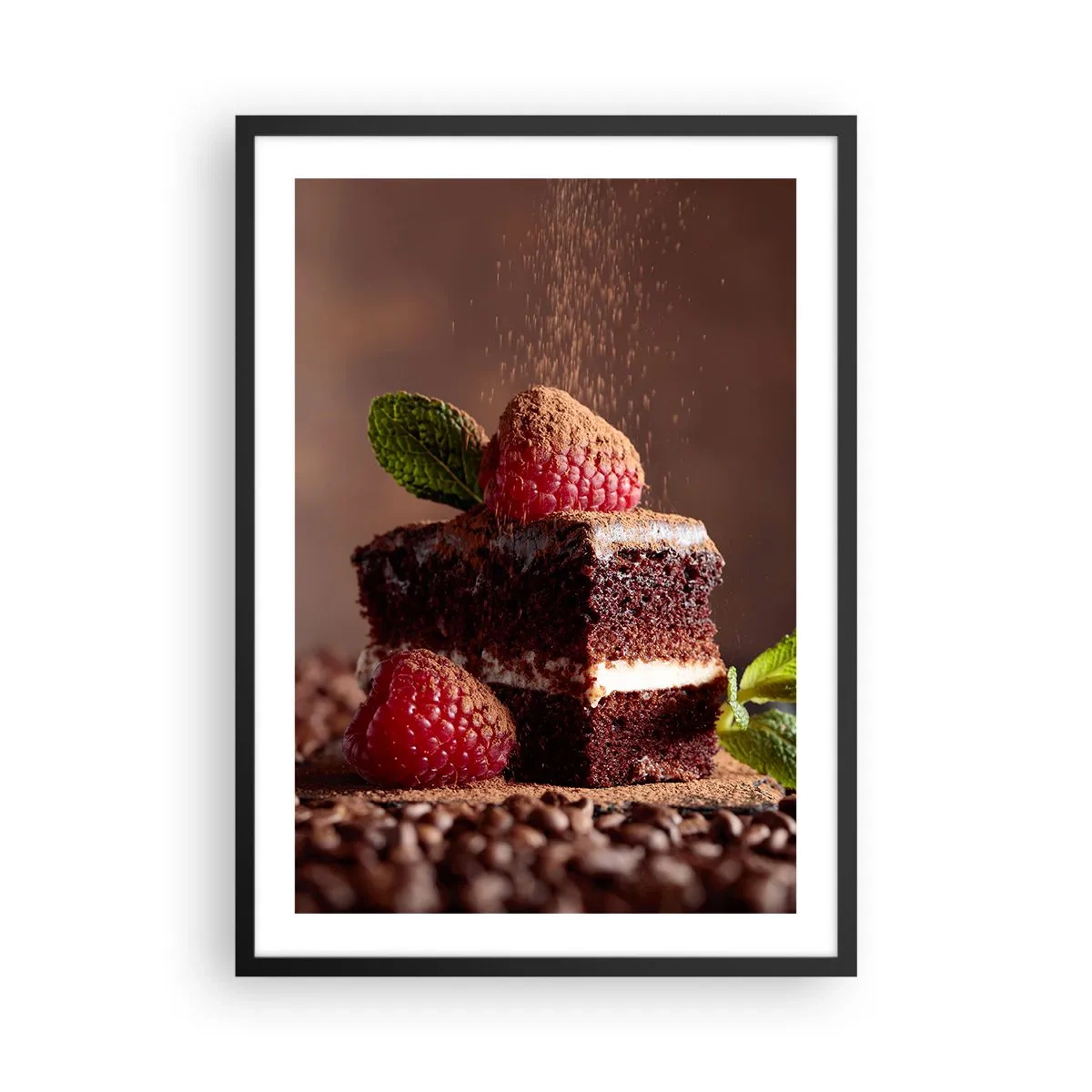Poster in een zwarte lijst - Chocoladetaart met frambozen en cacaosprinkles - 50x70cm - Het leven is zoet - Moderne wanddecoratie voor woonkamer en slaapkamer ARTTOR