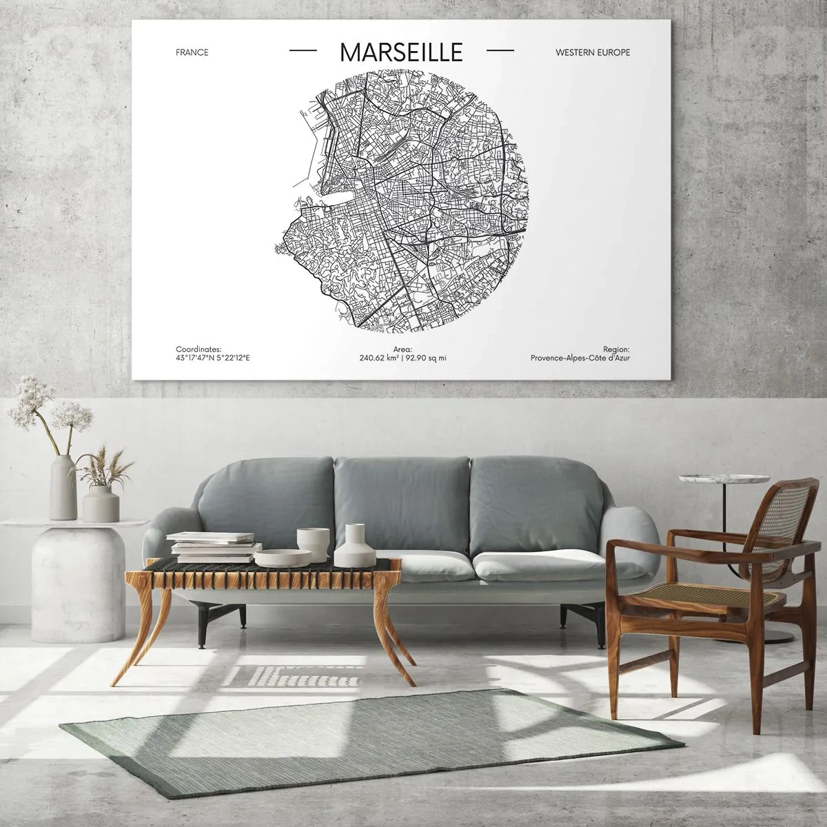 Schilderen op glas - Zwart-witkaart van de stad Marseille in moderne stijl - 70x50cm - Anatomie van Marseille - Moderne wanddecoratie voor woonkamer en slaapkamer ARTTOR