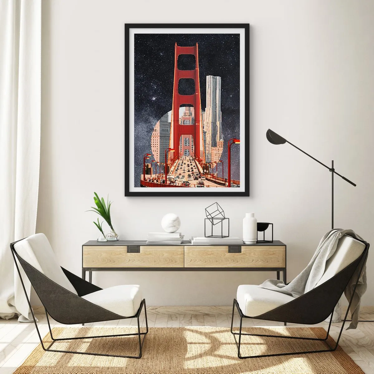 Poster in een zwarte lijst - Een brug en wolkenkrabbers tegen de sterrenhemel - 50x70cm - Altijd in het centrum - Moderne wanddecoratie voor woonkamer en slaapkamer ARTTOR