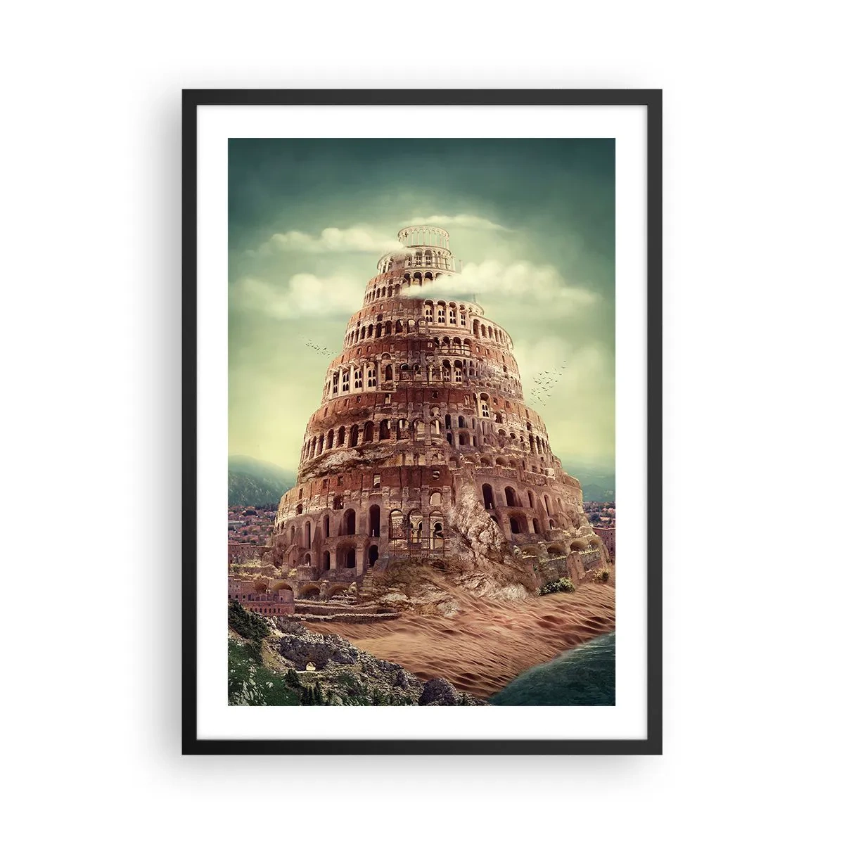 Poster in een zwarte lijst - De mythische toren van Babel in een schilderachtig landschap - 50x70cm - Toren van Babel - Moderne wanddecoratie voor woonkamer en slaapkamer ARTTOR