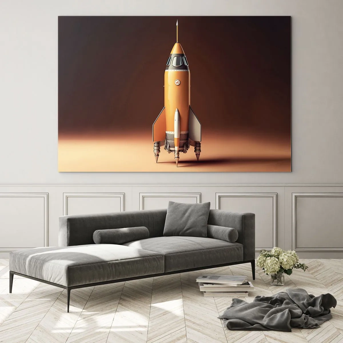 Schilderen op glas - Een oranje raket tegen een zachte lichtachtergrond - 70x50cm - Het begint met een droom - Moderne wanddecoratie voor woonkamer en slaapkamer ARTTOR