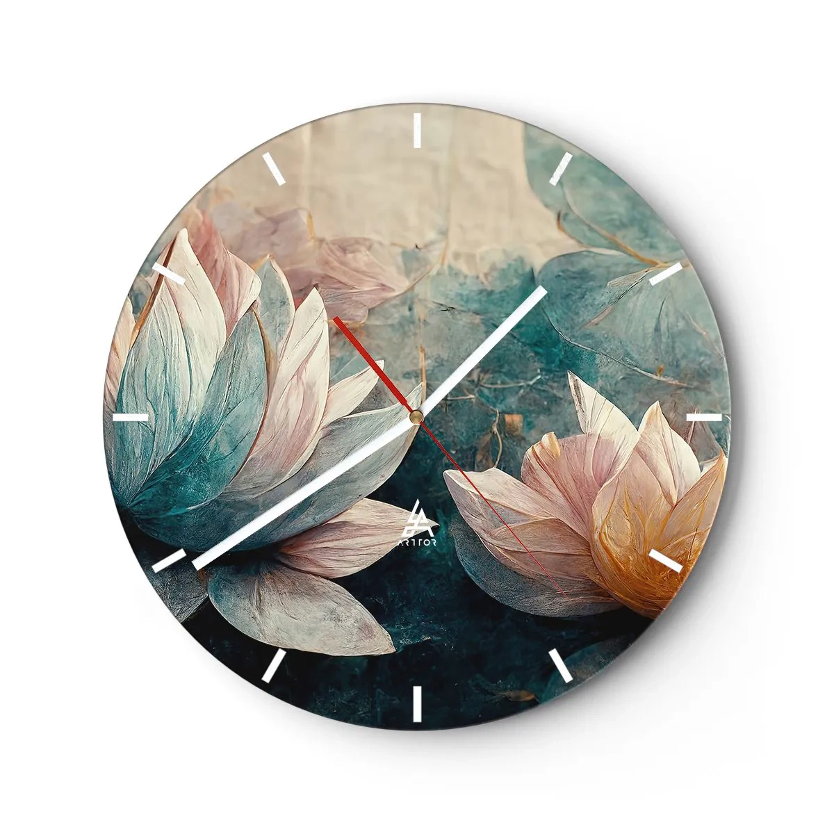 Wandklok - Klok - Lotusbloemen tegen de achtergrond van het groenblauwe oppervlak van het meer - 30x30cm - Sterren van het meer - Moderne wanddecoratie voor woonkamer, keuken en slaapkamer ARTTOR