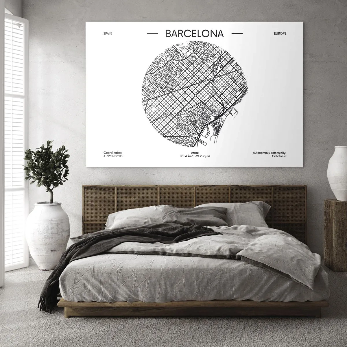 Schilderen op glas - Een minimalistische kaart van Barcelona in zwart-witstijl - 70x50cm - Anatomie van Barcelona - Moderne wanddecoratie voor woonkamer en slaapkamer ARTTOR