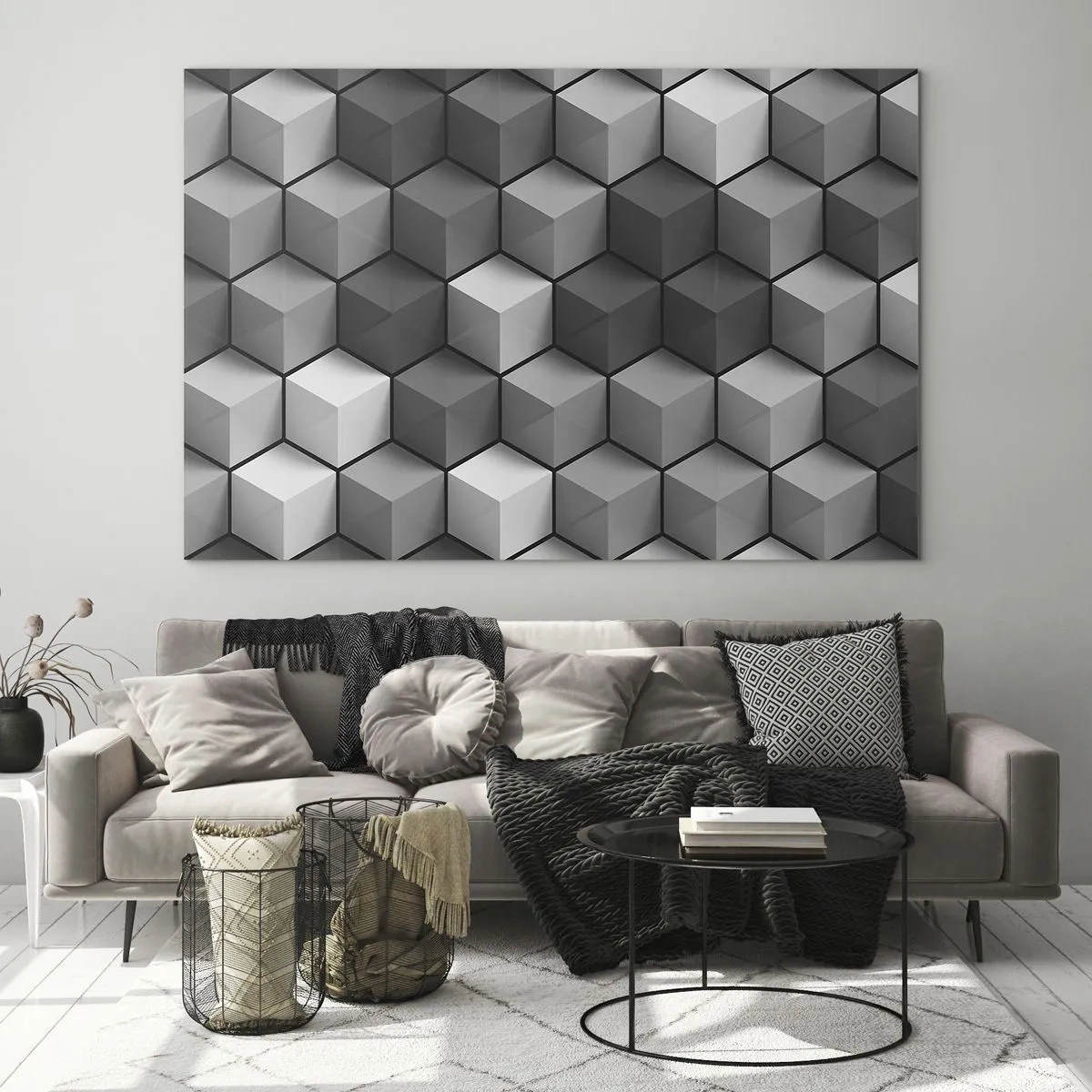 Schilderen op glas - Geometrische kubussen in grijstinten - 70x50cm - Kubistische puzzel - Moderne wanddecoratie voor woonkamer en slaapkamer ARTTOR