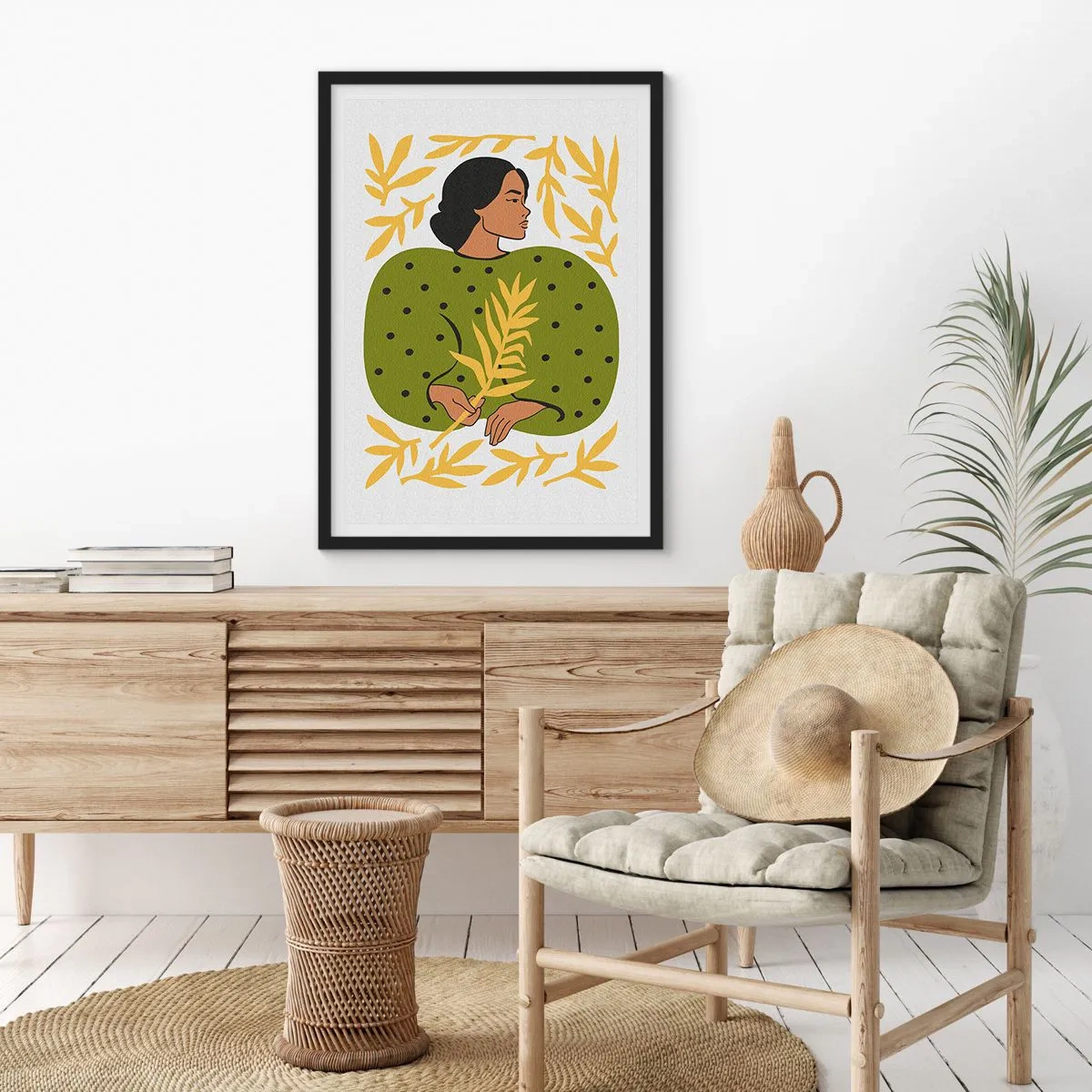 Poster in een zwarte lijst - Portret van een vrouw in een groene jurk met een geel blad, met een delicaat patroon - 50x70cm - Hawaiiaans meisje - Moderne wanddecoratie voor woonkamer en slaapkamer ARTTOR