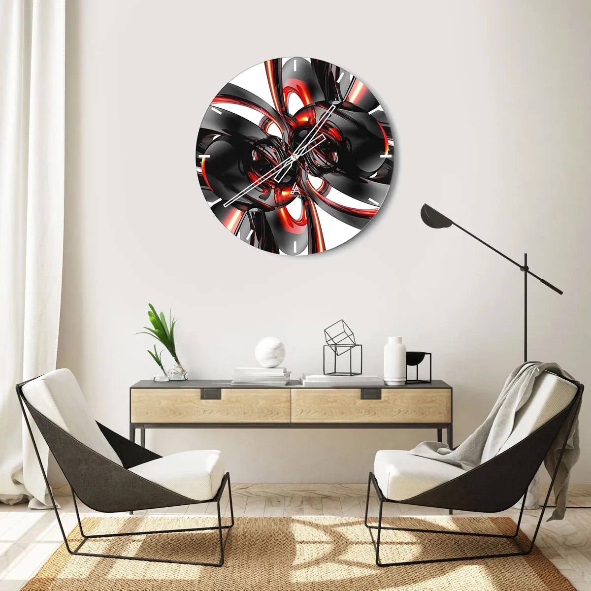 Wandklok - Klok - Abstract patroon met rode en zwarte vormen - 30x30cm - Beweging in grafiet en rood - Moderne wanddecoratie voor woonkamer, keuken en slaapkamer ARTTOR