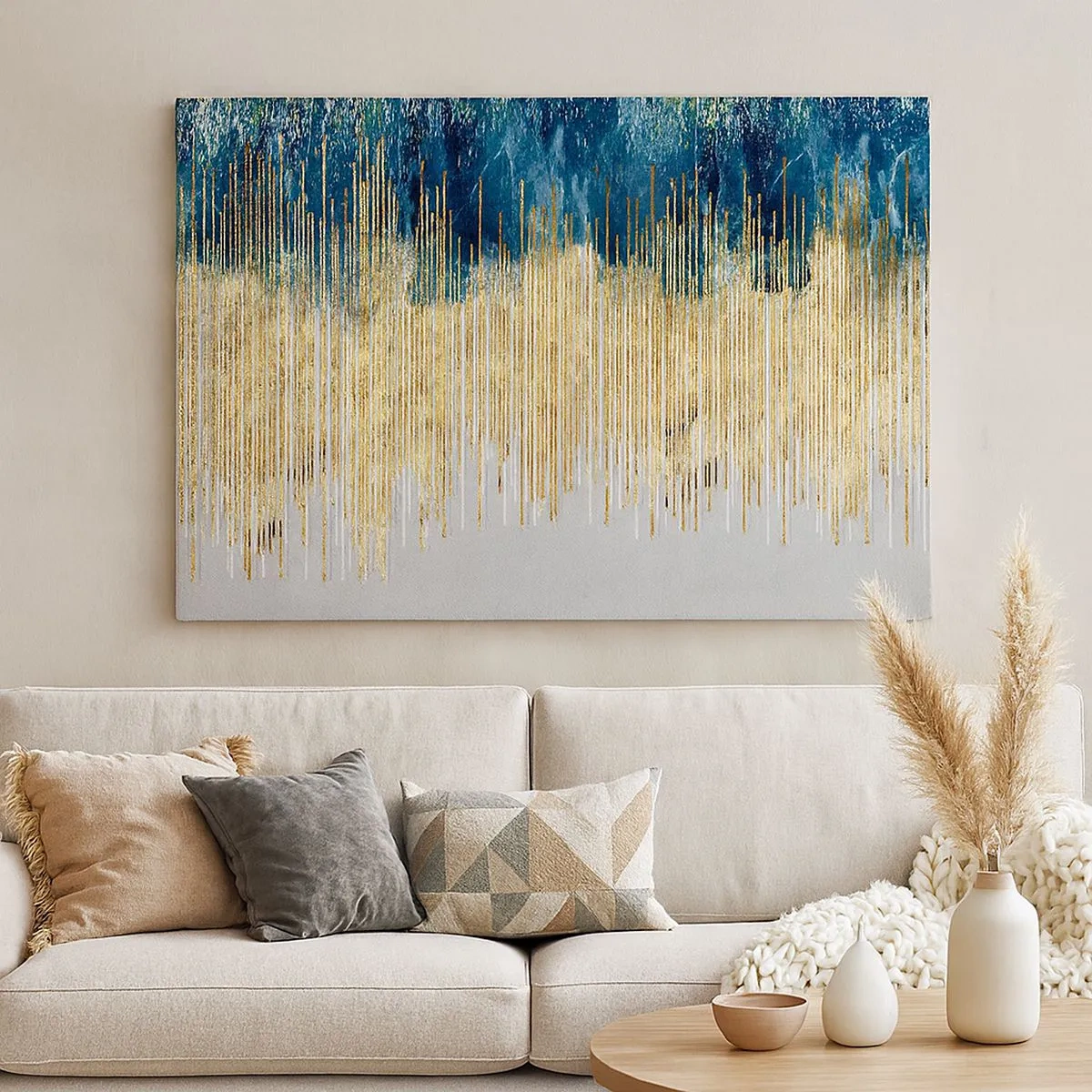 Schilderen op canvas - Gouden lijnen tegen een achtergrond van marineblauwe en grijze abstractie - 70x50cm - Vergulde grens - Moderne wanddecoratie voor woonkamer en slaapkamer ARTTOR
