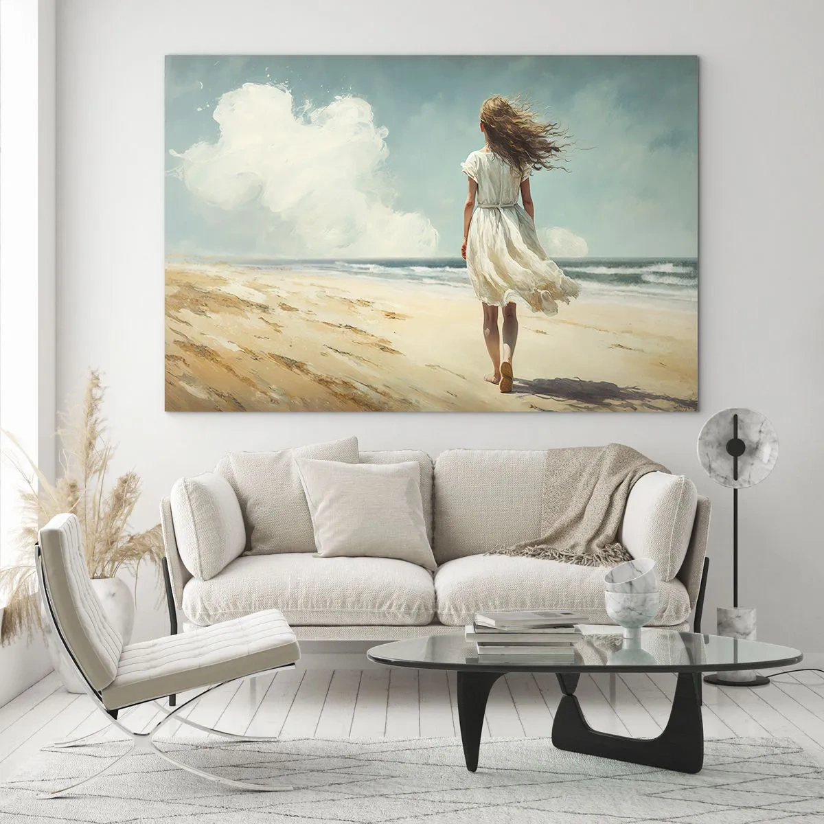 Schilderen op glas - Een vrouw in een witte jurk loopt op blote voeten op een zonnig strand - 70x50cm - Om de zon en de wind te ontmoeten - Moderne wanddecoratie voor woonkamer en slaapkamer ARTTOR