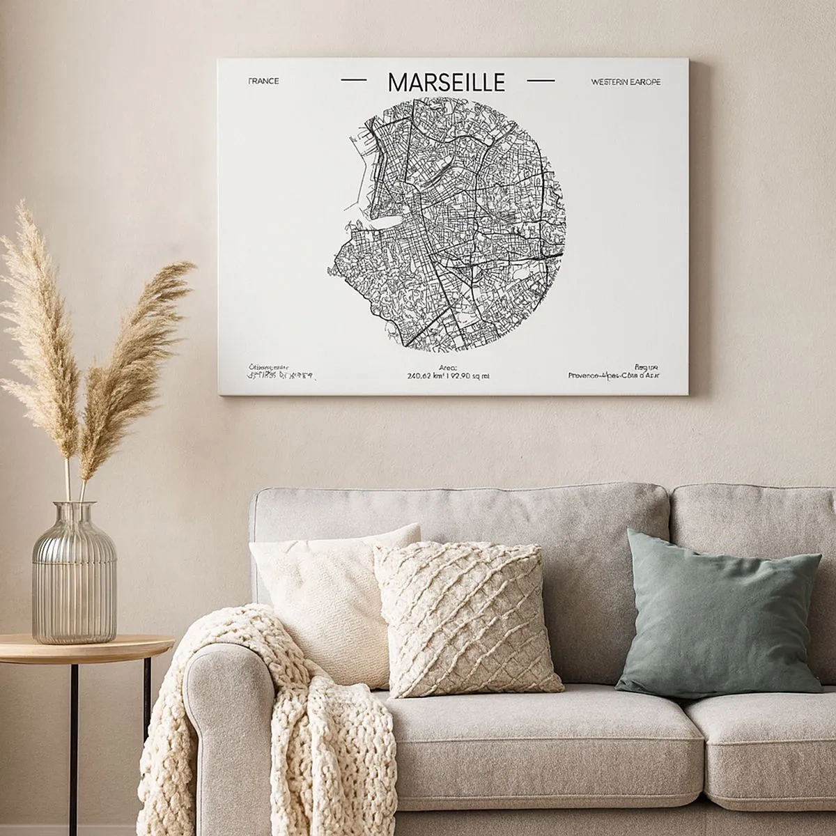 Schilderen op canvas - Kaart van Marseille in minimalistische stijl - 70x50cm - Anatomie van Marseille - Moderne wanddecoratie voor woonkamer en slaapkamer ARTTOR
