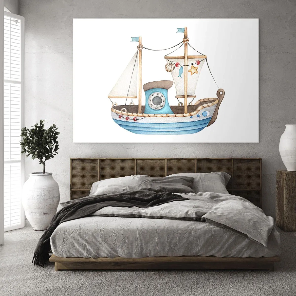 Schilderen op glas - Illustratie van een kinderschip op een witte achtergrond - 70x50cm - Ahoi, avontuur! - Moderne wanddecoratie voor woonkamer en slaapkamer ARTTOR