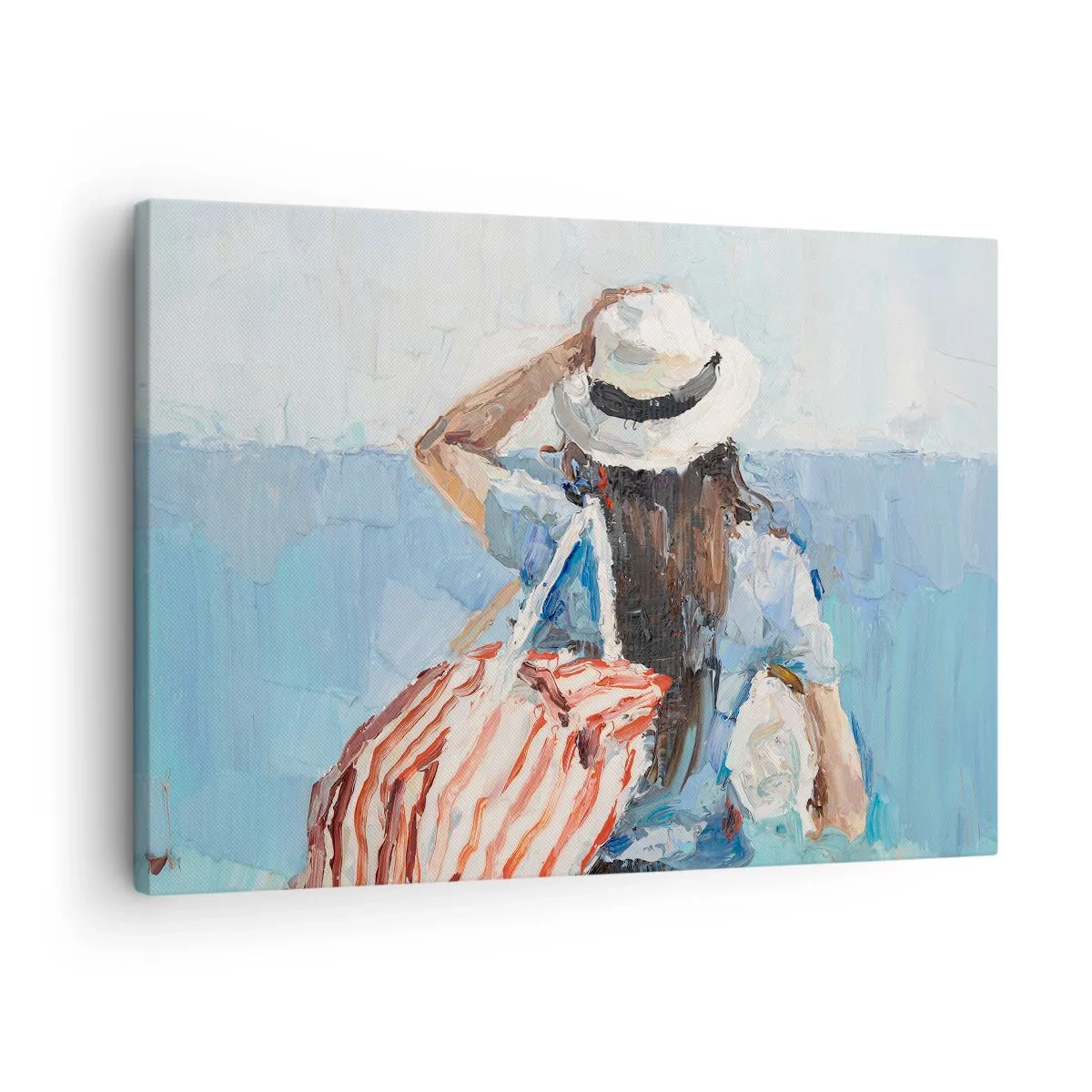 Schilderen op canvas - Een vrouw met een hoed tegen de blauwe zee - 70x50cm - Welkom bij je vakantie - Moderne wanddecoratie voor woonkamer en slaapkamer ARTTOR