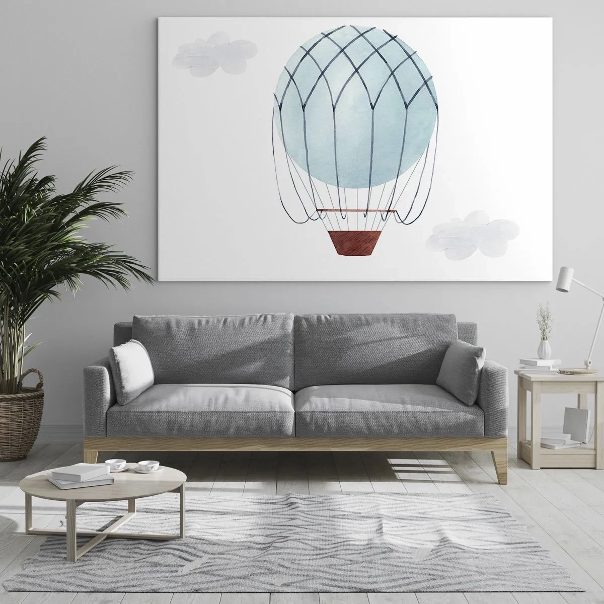 Schilderen op glas - Blauwe luchtballon in de wolken - 70x50cm - Hekemaal in de wolken - Moderne wanddecoratie voor woonkamer en slaapkamer ARTTOR