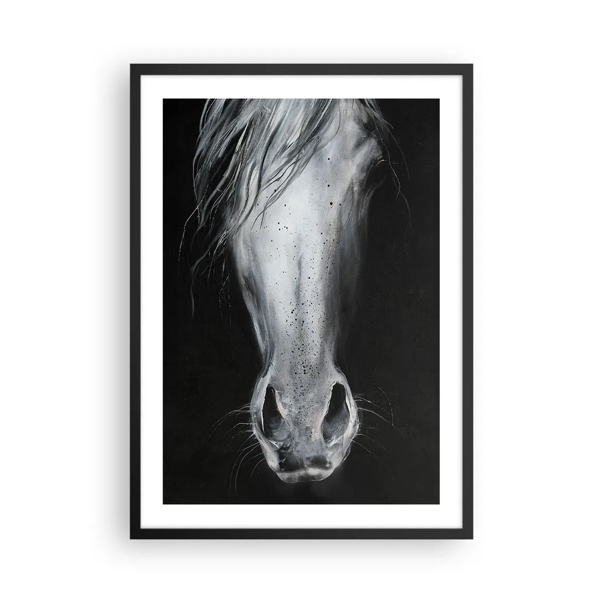 Poster in een zwarte lijst - Close-up van een paardengezicht in zwart-wit - 50x70cm - Verleidelijke blik - Moderne wanddecoratie voor woonkamer en slaapkamer ARTTOR