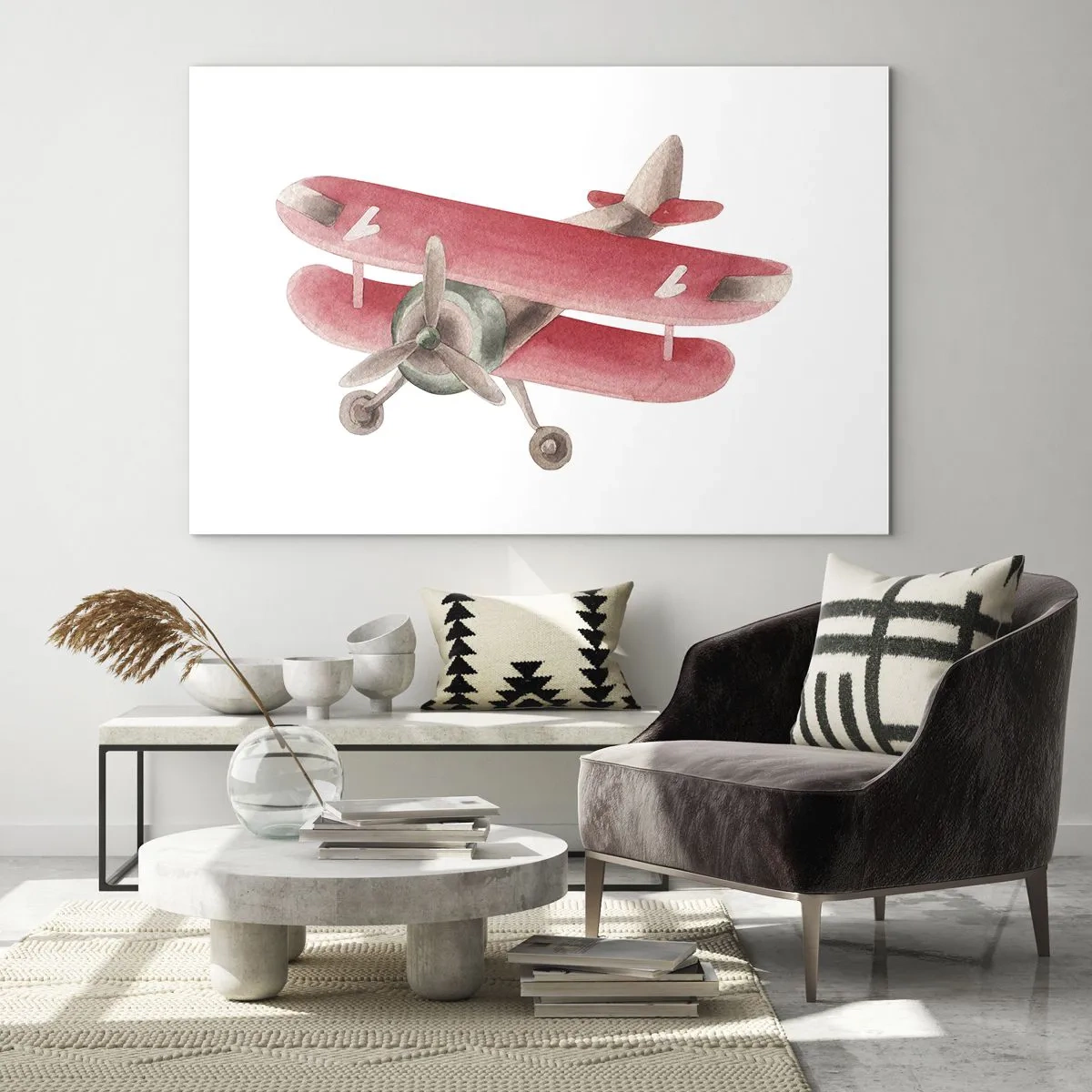 Schilderen op glas - Retro-stijl dubbeldekker in tinten rood - 70x50cm - Klaar voor hoge vluchten - Moderne wanddecoratie voor woonkamer en slaapkamer ARTTOR