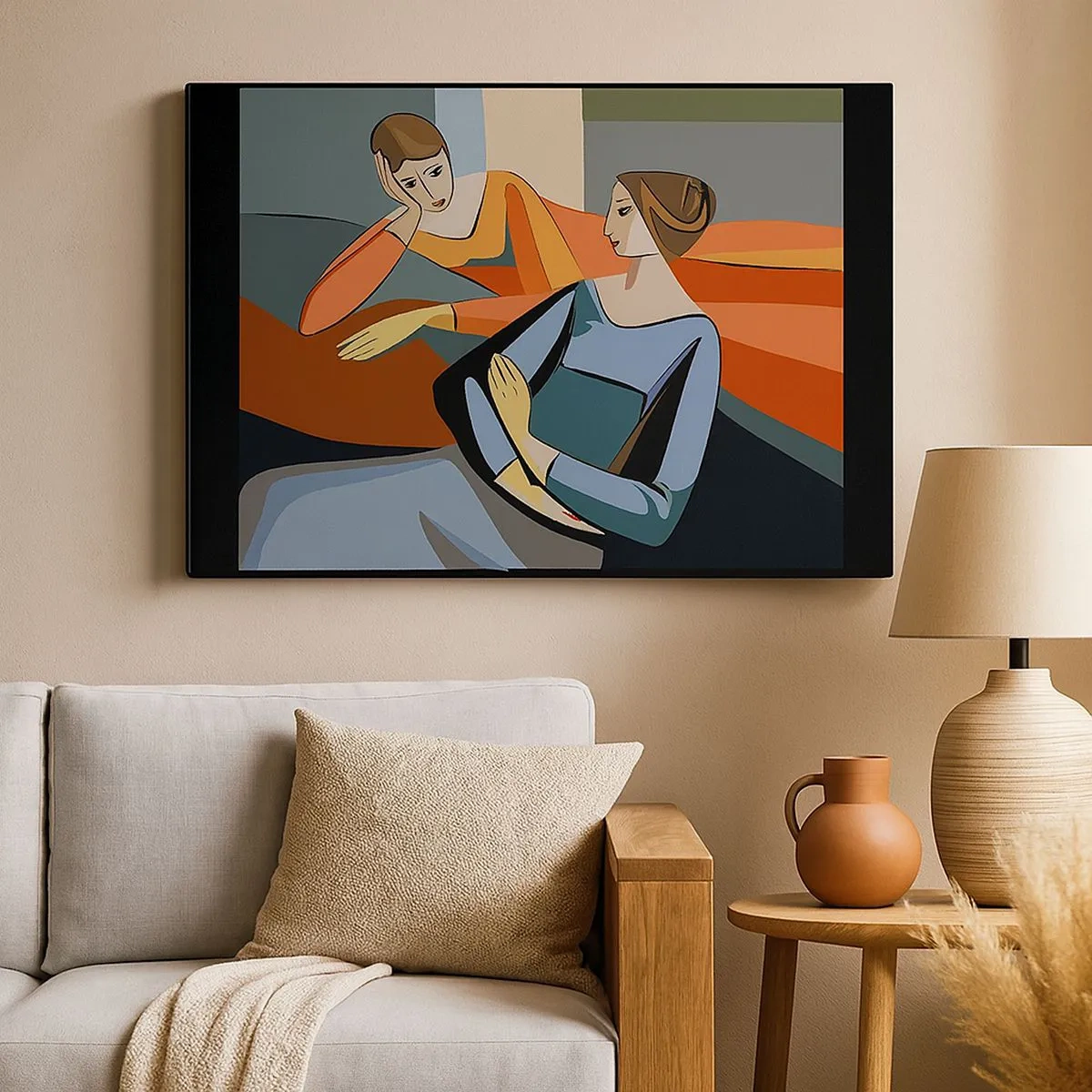 Schilderen op canvas - Abstracte illustratie van twee vrouwen in kubistische stijl - 70x50cm - Een moment van vertrouwen - Moderne wanddecoratie voor woonkamer en slaapkamer ARTTOR