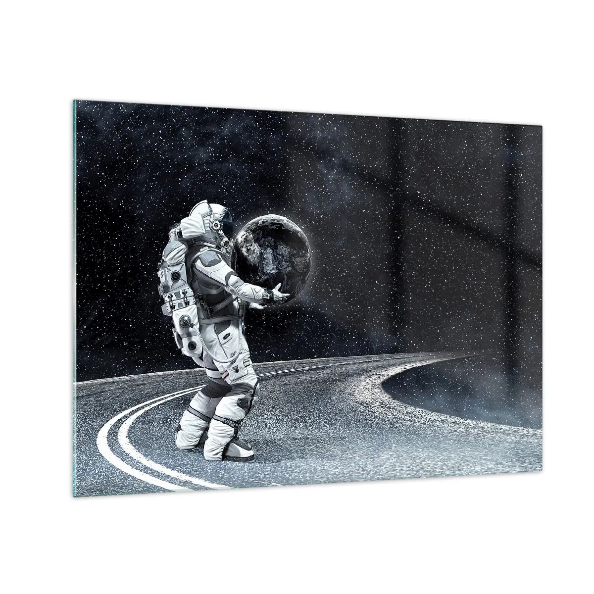 Schilderen op glas - Een astronaut die de aarde op zijn weg door het heelal draagt - 70x50cm - Op de Melkweg - Moderne wanddecoratie voor woonkamer en slaapkamer ARTTOR