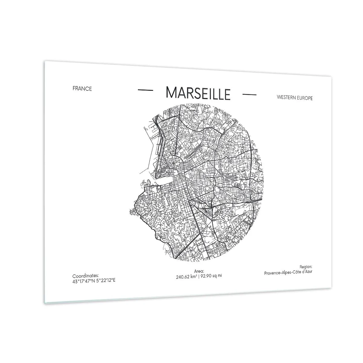 Schilderen op glas - Zwart-witkaart van de stad Marseille in moderne stijl - 70x50cm - Anatomie van Marseille - Moderne wanddecoratie voor woonkamer en slaapkamer ARTTOR