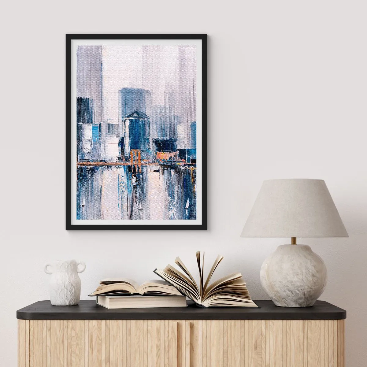 Poster in een zwarte lijst - Abstract stadsgezicht in tinten blauw en wit - 50x70cm - New Yorkse impressie - Moderne wanddecoratie voor woonkamer en slaapkamer ARTTOR