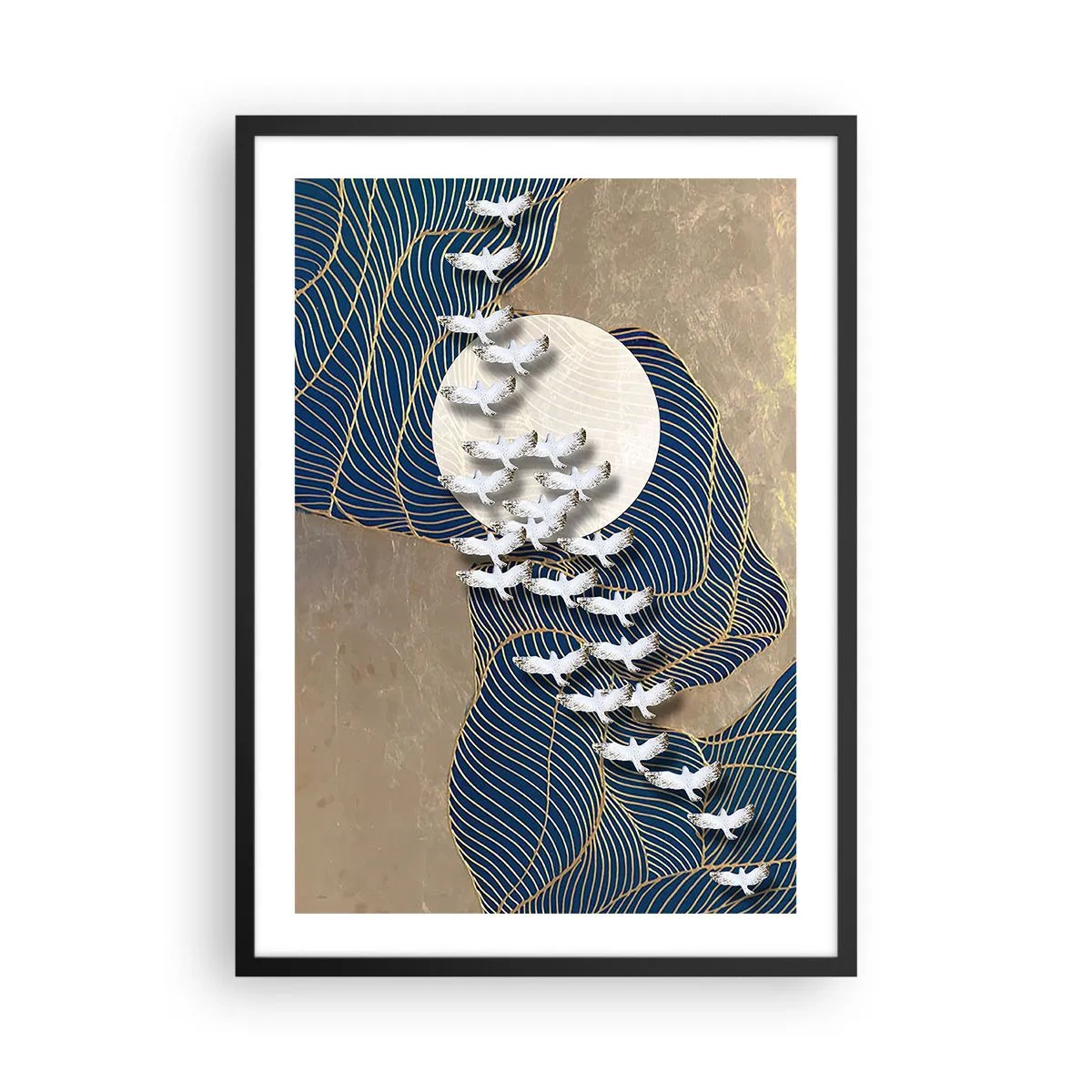 Poster in een zwarte lijst - Abstracte compositie met vogels en de maan in gouden tinten - 50x70cm - Vrijheid, dwalen, gemeenschap - Moderne wanddecoratie voor woonkamer en slaapkamer ARTTOR