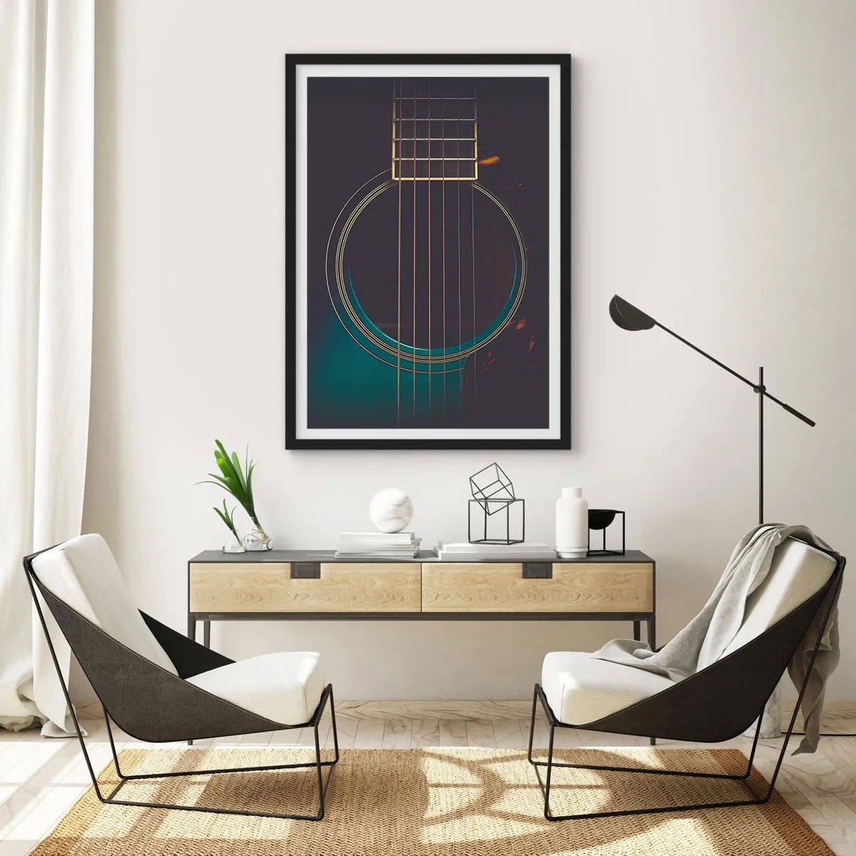 Poster in een zwarte lijst - Een artistieke close-up van het klankbord van een akoestische gitaar. - 50x70cm - Nog even voordat het klinkt - Moderne wanddecoratie voor woonkamer en slaapkamer ARTTOR