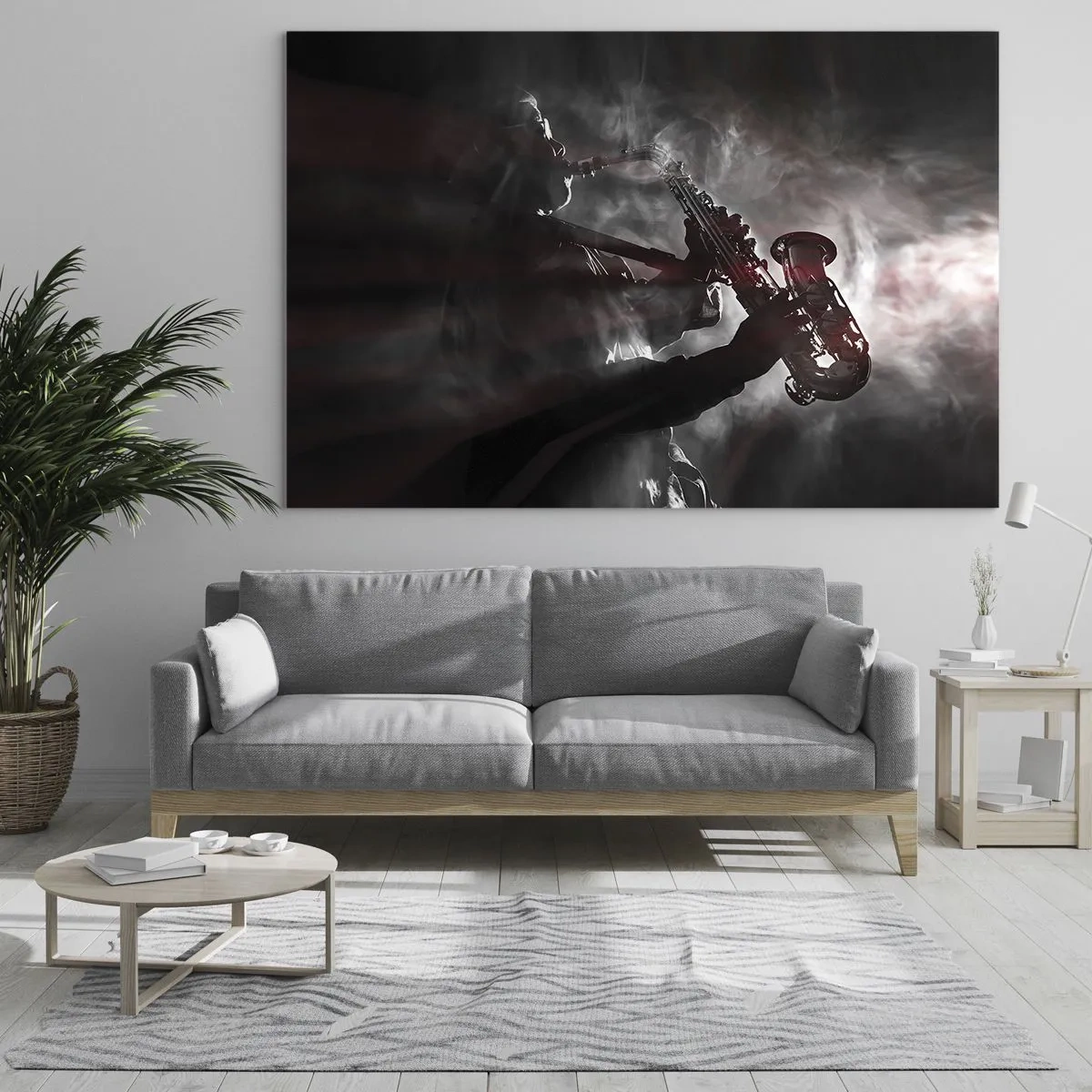 Schilderen op glas - Saxofonist in een rookwolk in zwart-wit - 70x50cm - In de dampen van jazz - Moderne wanddecoratie voor woonkamer en slaapkamer ARTTOR