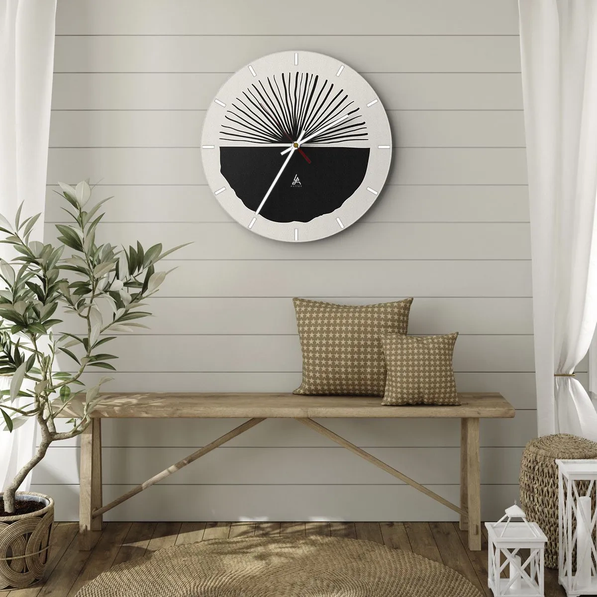 Wandklok - Klok - Een zwart waaiermotief op een lichte achtergrond in minimalistische stijl - 30x30cm - Een scala aan mogelijkheden - Moderne wanddecoratie voor woonkamer, keuken en slaapkamer ARTTOR