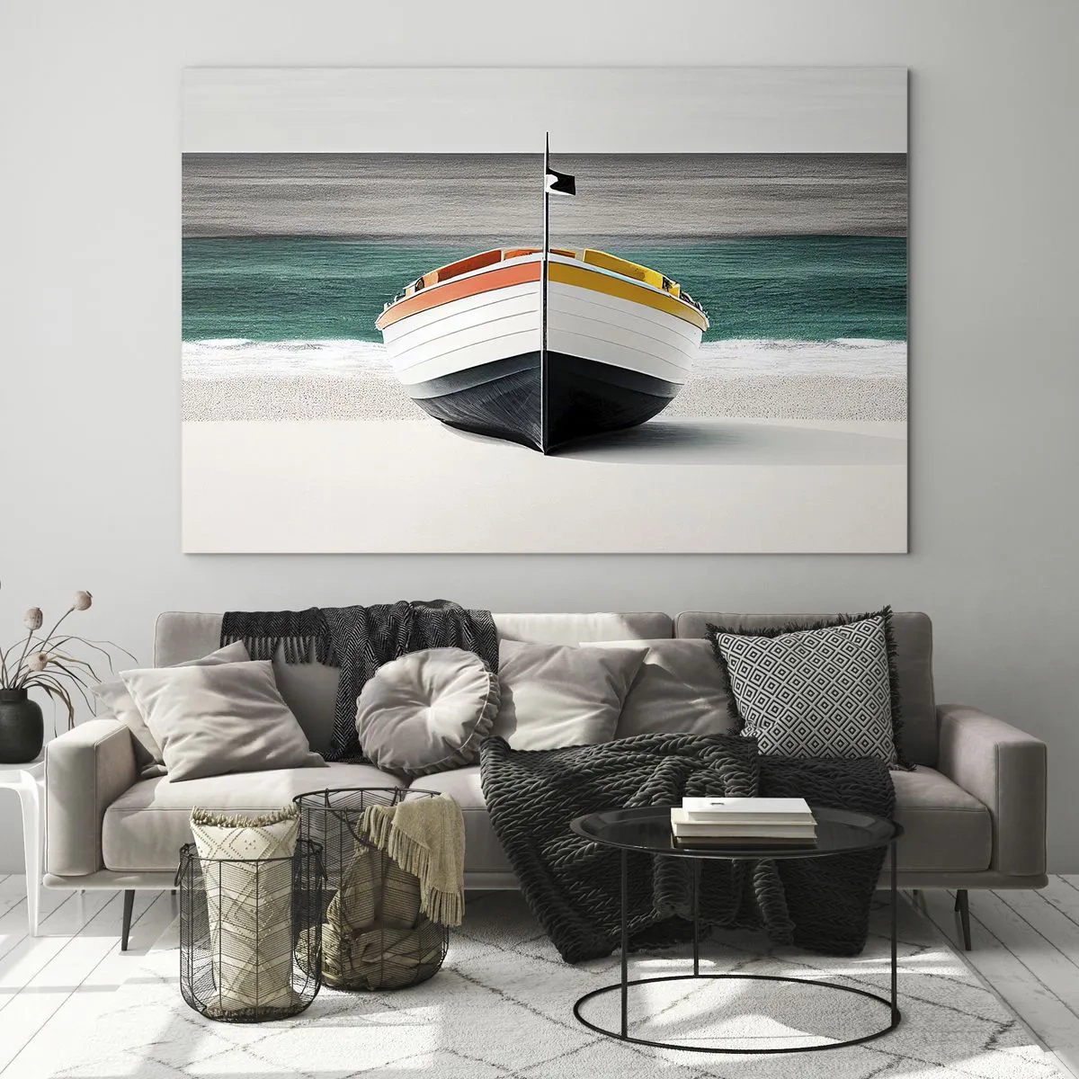 Schilderen op glas - Een kleurrijke boot op het strand met een turquoise zee op de achtergrond - 70x50cm - Op zijn plaats - Moderne wanddecoratie voor woonkamer en slaapkamer ARTTOR