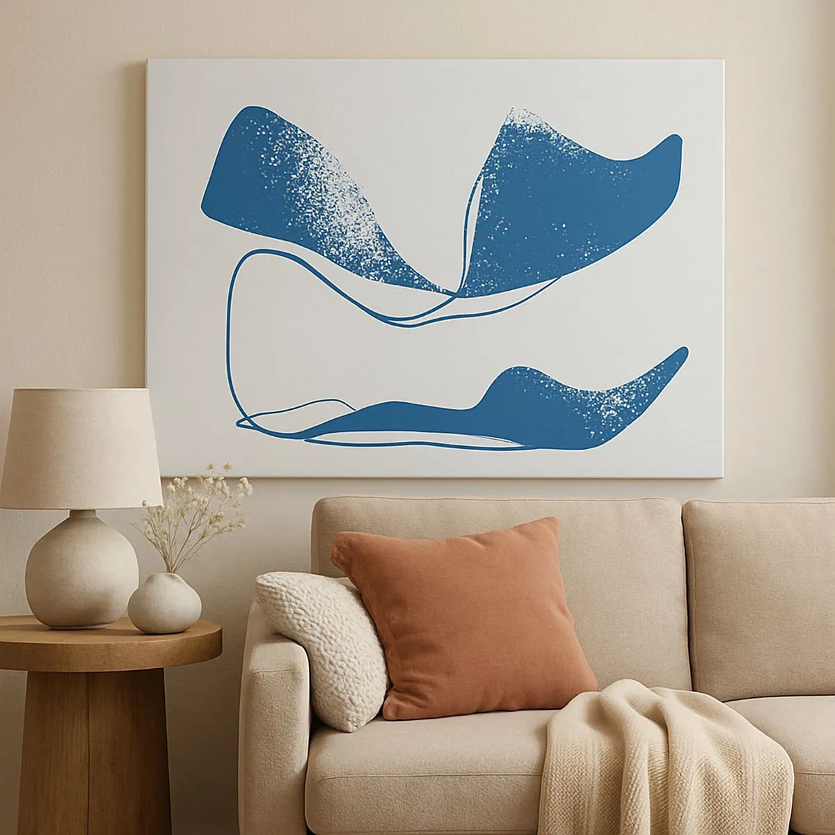 Schilderen op canvas - Abstracte vormen in blauwe tinten op een witte achtergrond - 70x50cm - Gevleugelde abstractie - Moderne wanddecoratie voor woonkamer en slaapkamer ARTTOR
