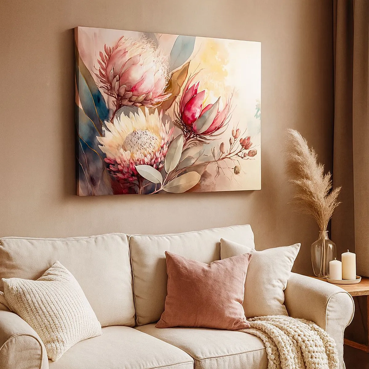 Schilderen op canvas - Protea-bloemen in delicate pasteltinten - 70x50cm - In profiel en en face - Moderne wanddecoratie voor woonkamer en slaapkamer ARTTOR