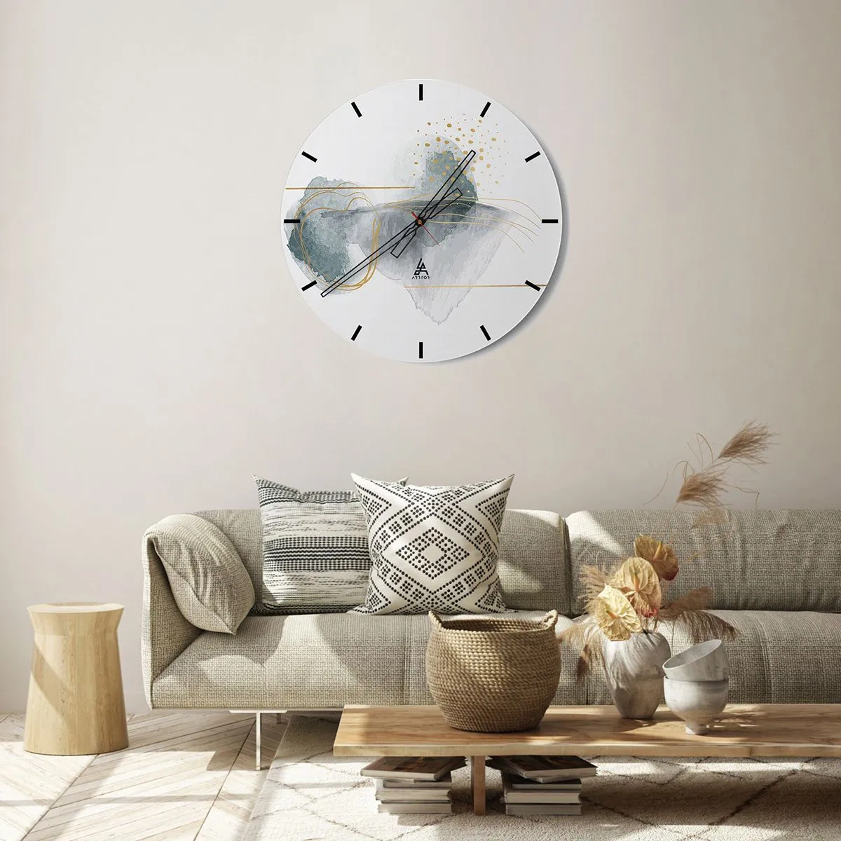 Wandklok - Klok - Pastelkleurige abstracte vormen met gouden lijnen en stippen op een witte achtergrond. - 30x30cm - Over de relatie tussen grijs en goud - Moderne wanddecoratie voor woonkamer, keuken en slaapkamer ARTTOR