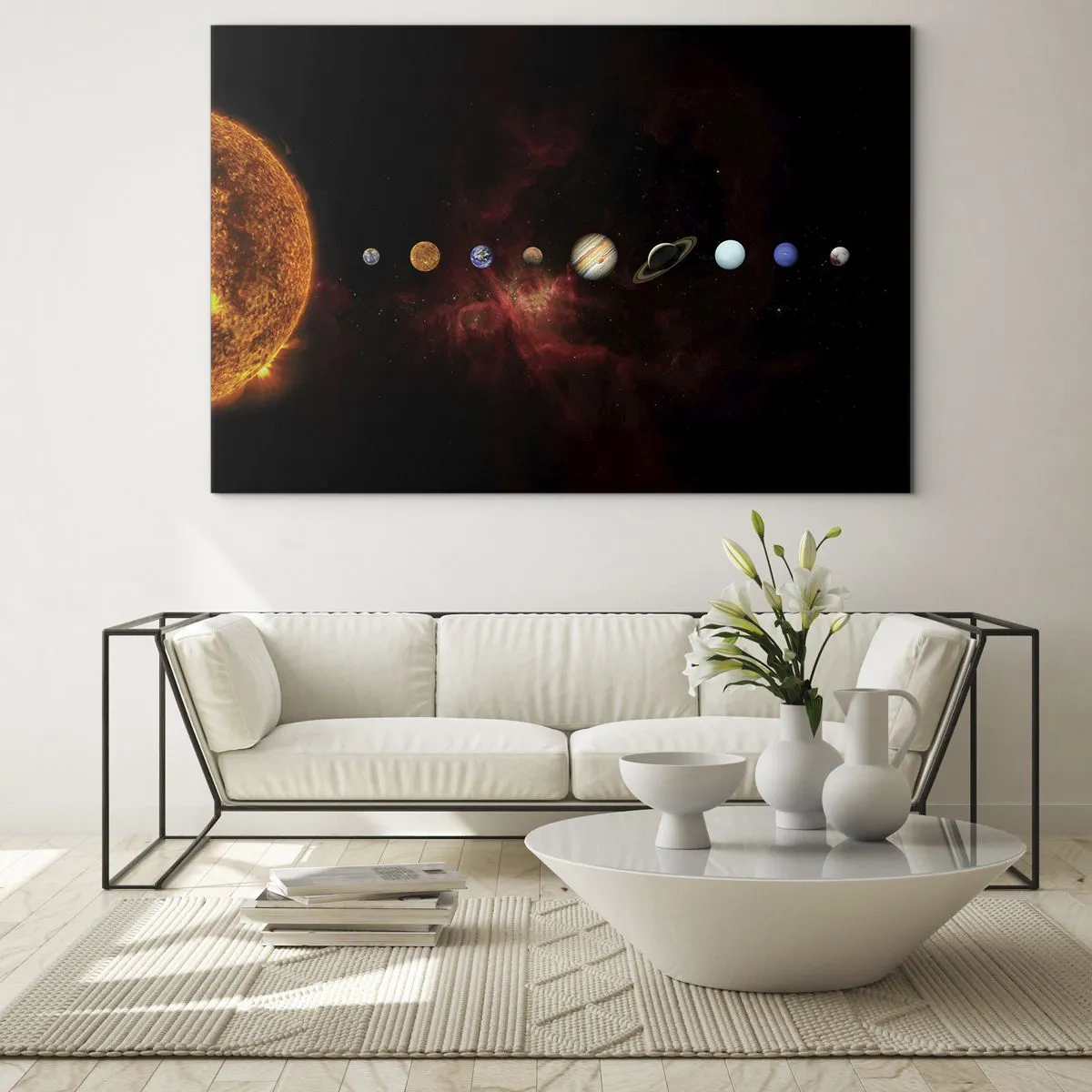 Schilderen op glas - Planetenstelsel met de zon op een zwarte achtergrond - 70x50cm - Onze buurt - Moderne wanddecoratie voor woonkamer en slaapkamer ARTTOR