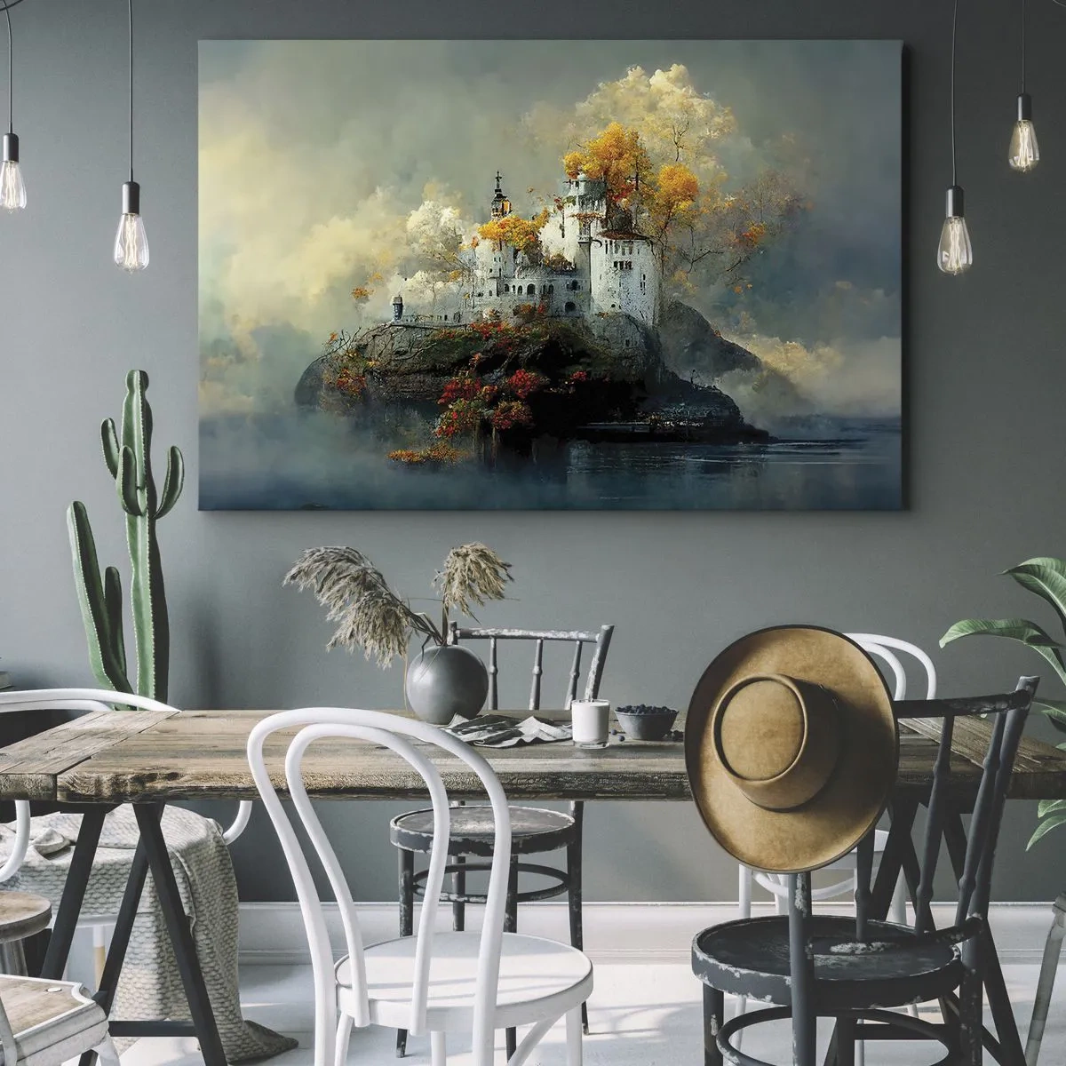 Schilderen op canvas - Een kasteel op een heuvel omgeven door herfstbomen - 70x50cm - Het begin van een romantisch verhaal - Moderne wanddecoratie voor woonkamer en slaapkamer ARTTOR