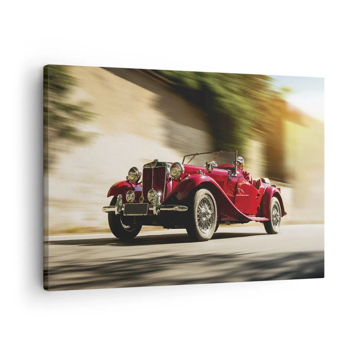 Schilderen op canvas - Rode klassieke auto in beweging op een zonnige straat - 70x50cm - Mooier dan Nike van Samothrace - Moderne wanddecoratie voor woonkamer en slaapkamer ARTTOR