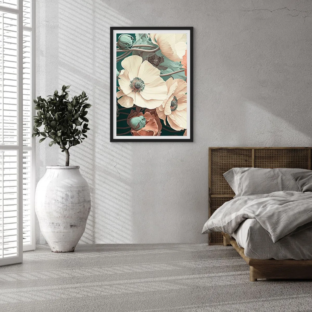 Poster in een zwarte lijst - Delicate bloemen in pasteltinten op een donkere achtergrond - 50x70cm - Het gefluister van klaprozen - Moderne wanddecoratie voor woonkamer en slaapkamer ARTTOR