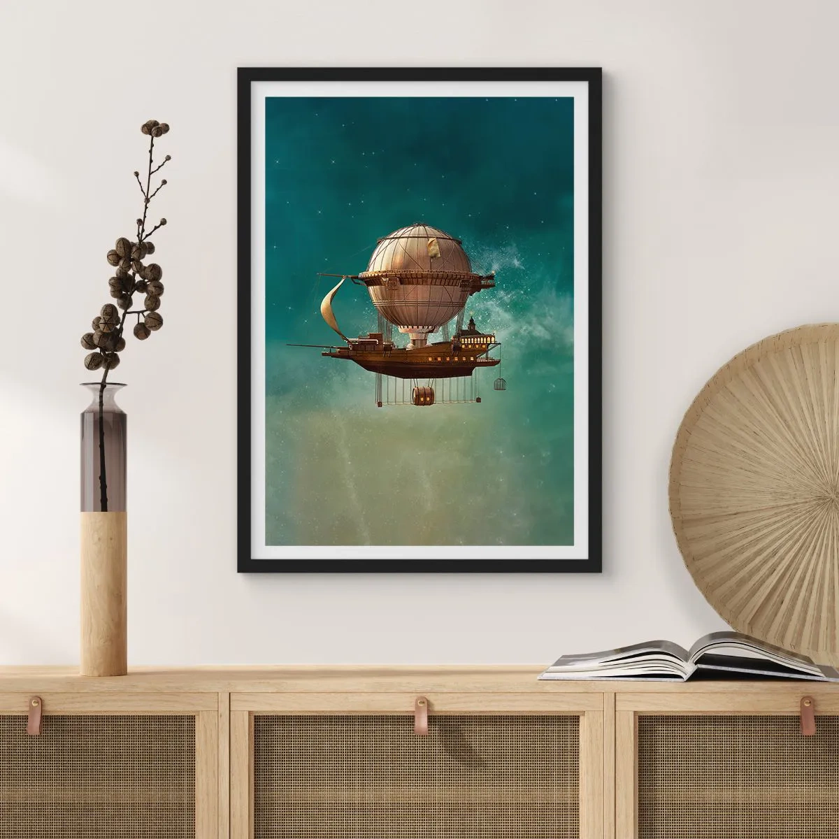 Poster in een zwarte lijst - Een fantastisch luchtschip dat tussen de sterren zweeft - 50x70cm - Jules Verne groet - Moderne wanddecoratie voor woonkamer en slaapkamer ARTTOR