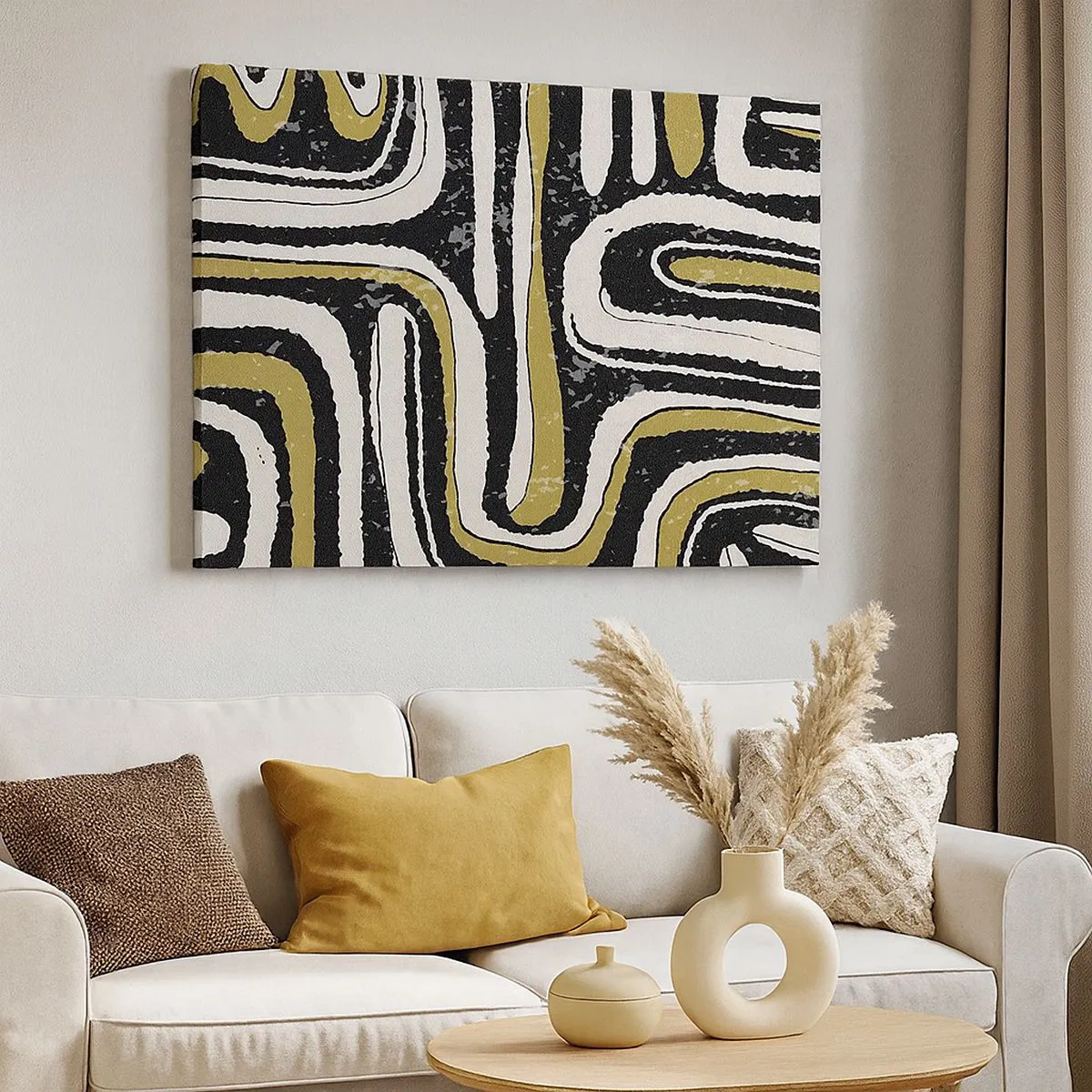 Schilderen op canvas - Abstract patroon in zwart, wit en goud - 70x50cm - Compositie: wegen en steegjes - Moderne wanddecoratie voor woonkamer en slaapkamer ARTTOR