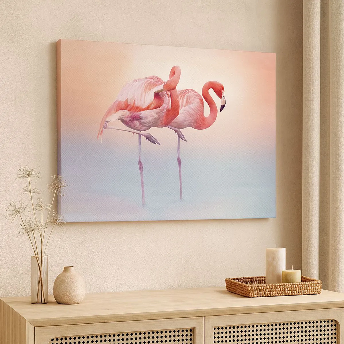 Schilderen op canvas - Flamingo's in delicate pastelkleuren op een waterachtergrond - 70x50cm - De kleur van de ondergaande zon - Moderne wanddecoratie voor woonkamer en slaapkamer ARTTOR