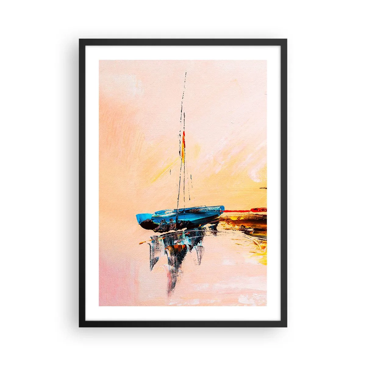 Poster in een zwarte lijst - Abstracte boot op kalm water bij zonsondergang - 50x70cm - Avond in de jachthaven - Moderne wanddecoratie voor woonkamer en slaapkamer ARTTOR
